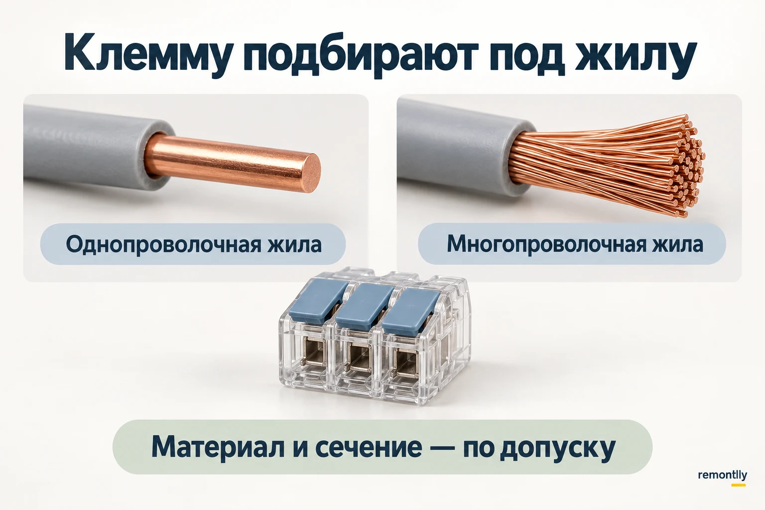 Отдельные образцы медных жил: цельная однопроволочная и гибкая многопроволочная; рядом нейтральный соединитель без подключённых проводов.