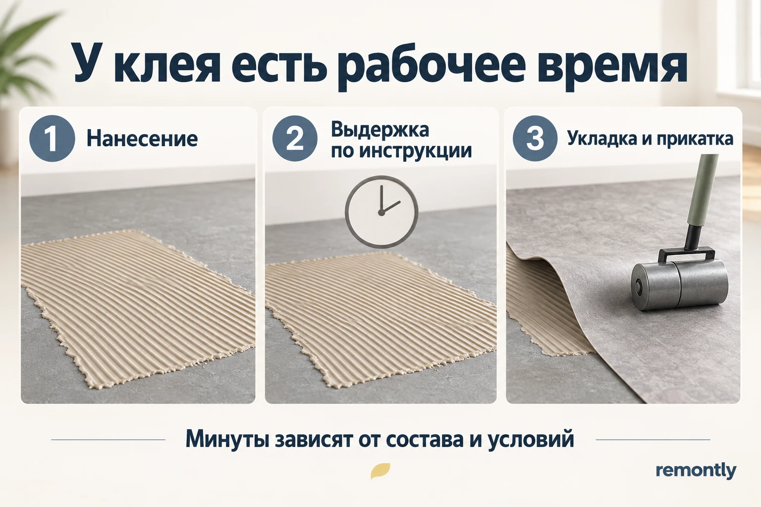 Последовательность работы с клеем для покрытия: нанесение, предусмотренная выдержка и укладка с прикаткой; минуты не назначены.