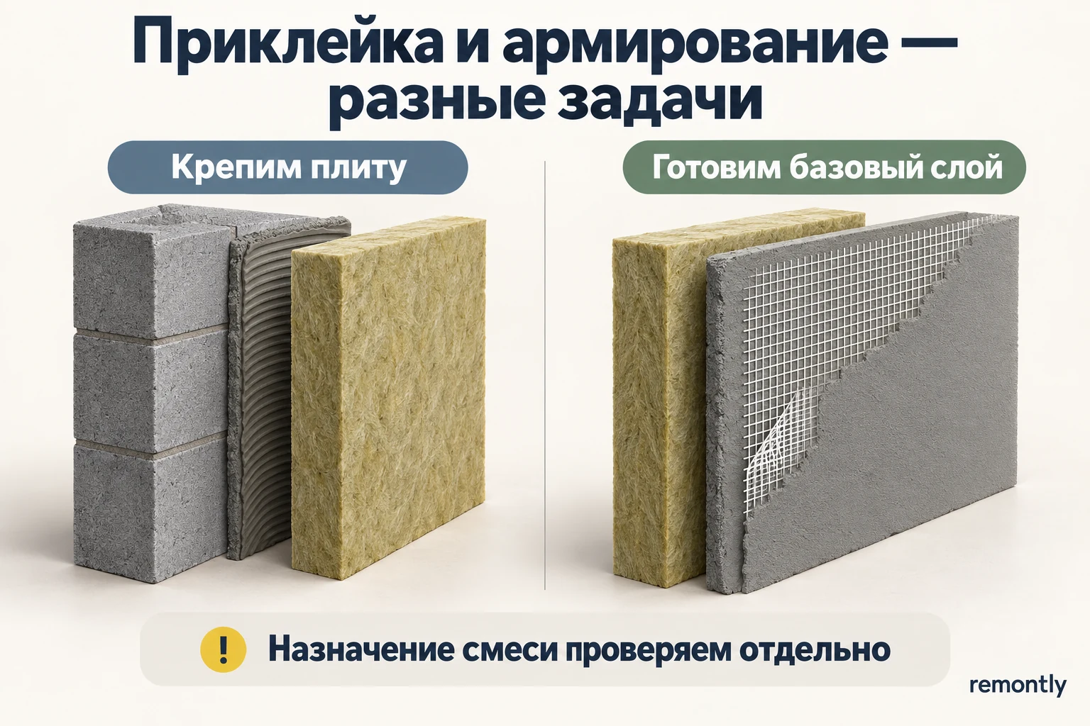 Два этапа утепления: приклейка минераловатной плиты к стене и устройство слоя раствора с утопленной армирующей сеткой.