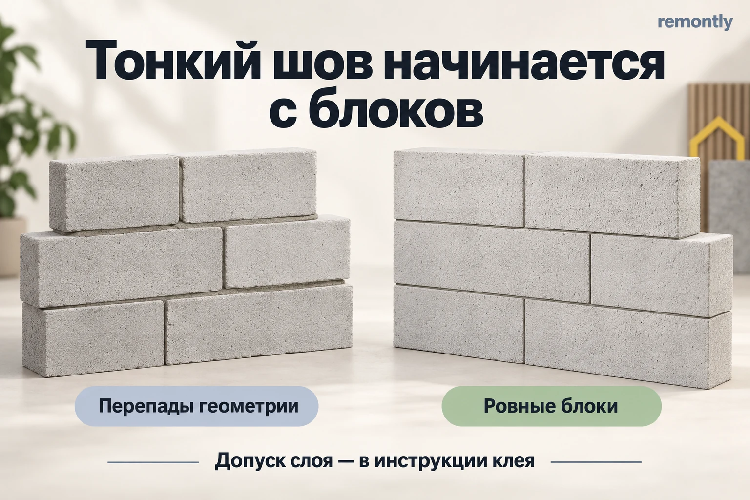 Сравнение кладки из блоков с перепадами геометрии и ровных блоков с равномерными тонкими швами.