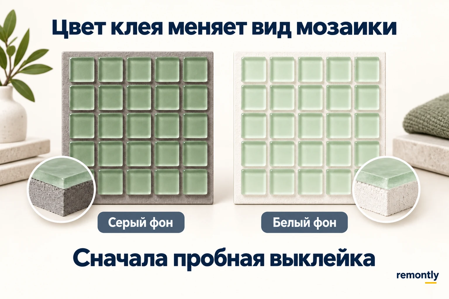 Одинаковая полупрозрачная зелёная мозаика на серой и белой основе; светлая основа меняет восприятие цвета.