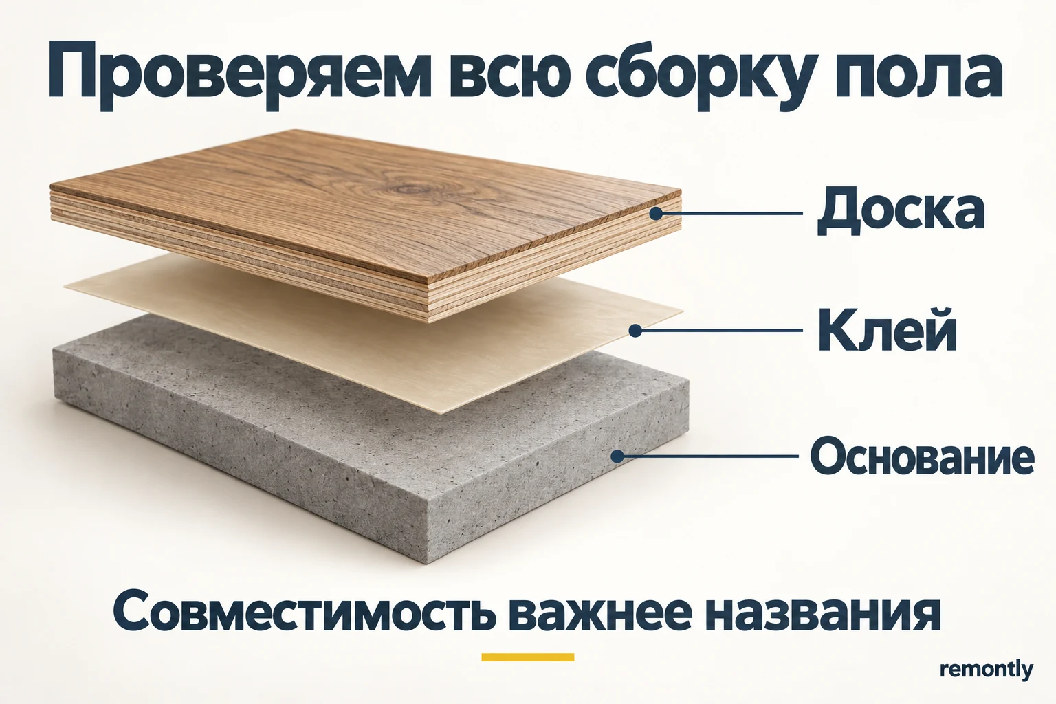 Разнесённые слои пола: многослойная деревянная доска, клеевой слой и подготовленное минеральное основание.