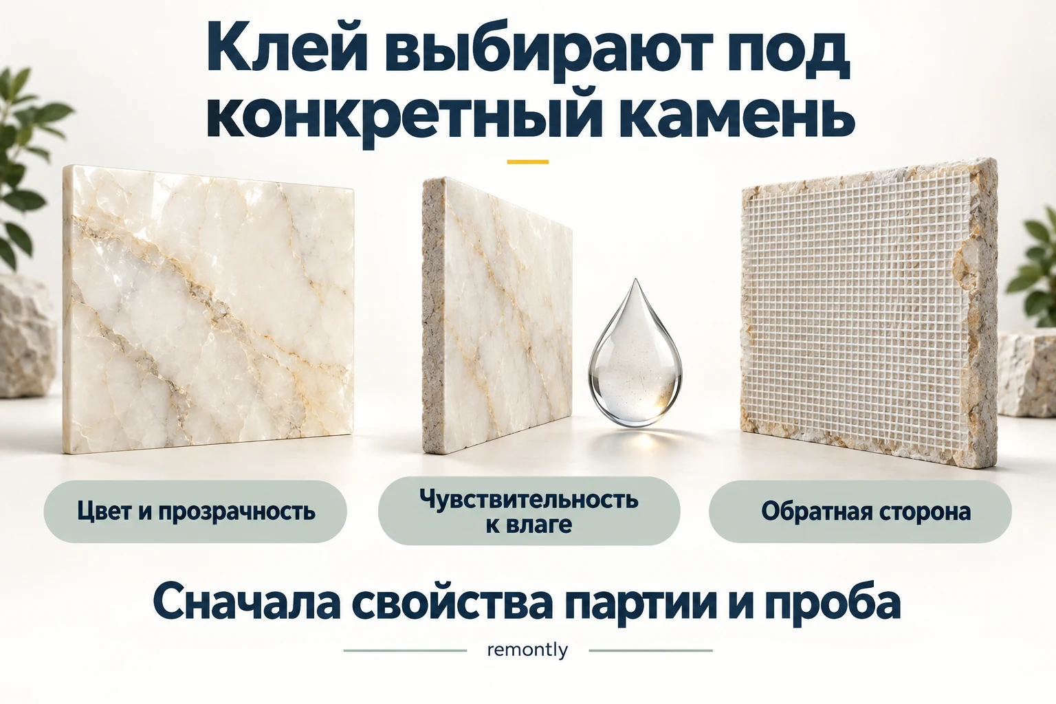 Три отдельных каменных образца для проверки: светлый полупрозрачный, чувствительный к влаге и с сеткой или смолой на обратной стороне.