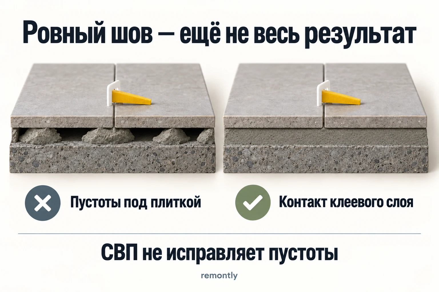 Два условных разреза плитки: отдельные клеевые пятна с пустотами и равномерный контакт слоя; показаны зажимы и клинья СВП.