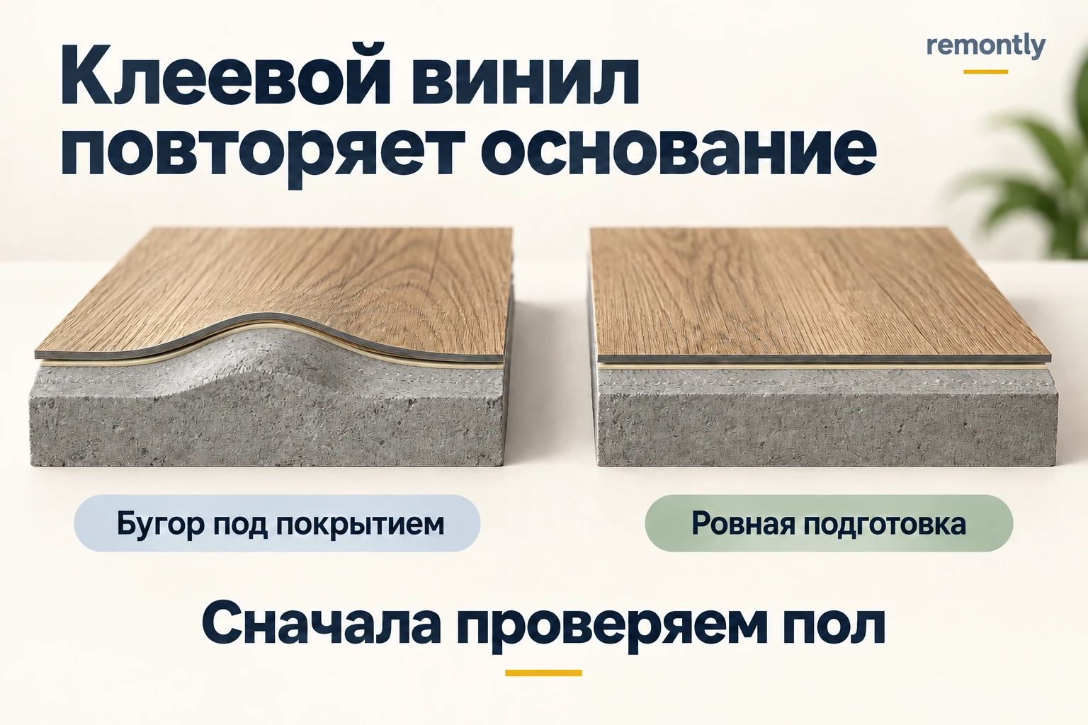 Два разреза клеевого винила: покрытие повторяет бугор основания и лежит ровно на подготовленной поверхности.