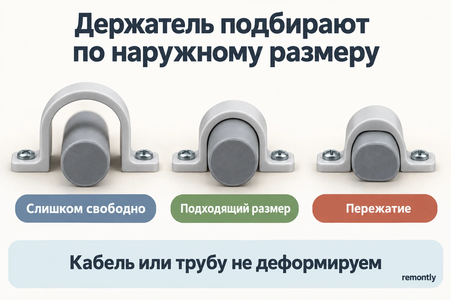 Три примера охвата кабеля: слишком свободный держатель, подходящий размер без деформации и пережатая оболочка.