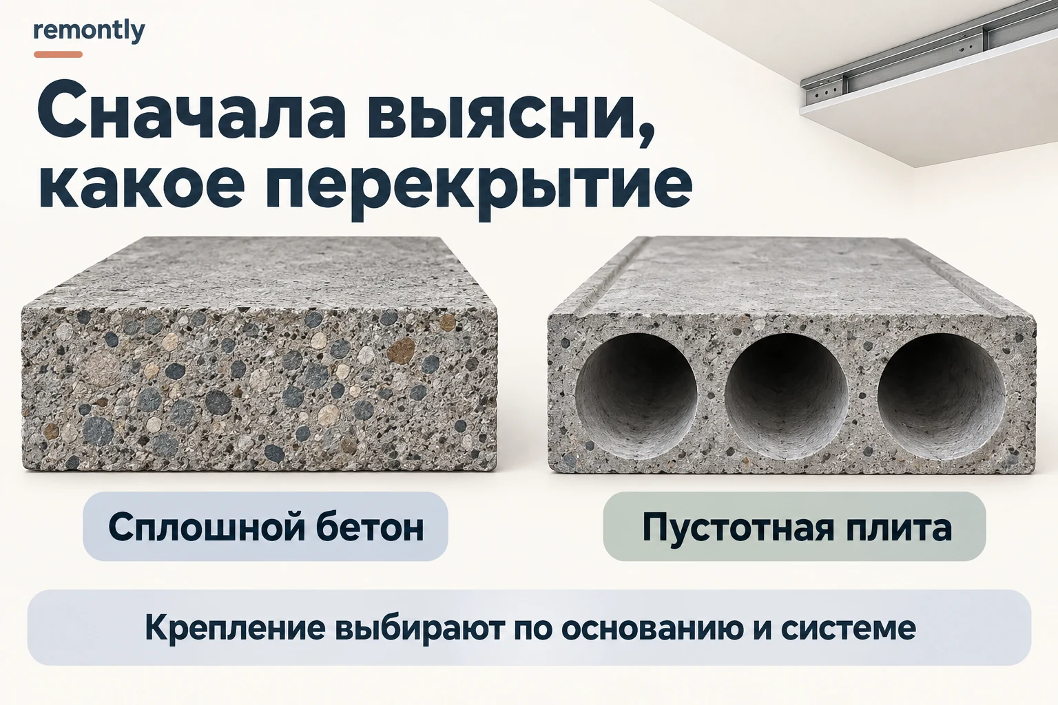 Разрезы двух оснований для потолочной системы: сплошной бетон и пустотная плита; точки сверления не указаны.