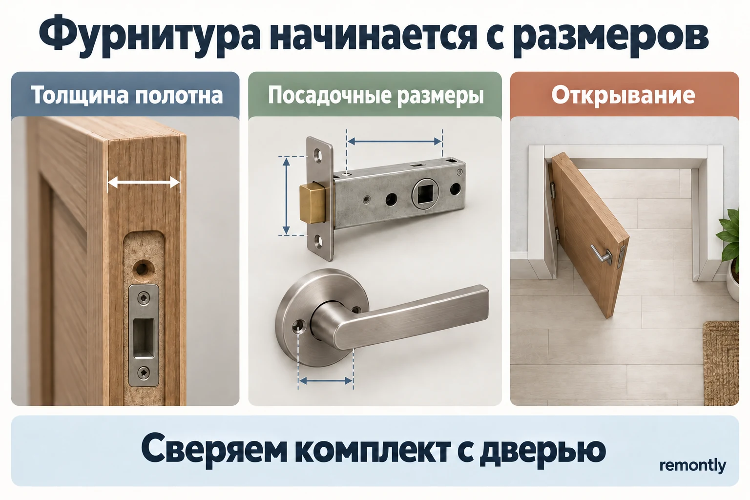 Три проверки перед покупкой дверной фурнитуры: толщина полотна, посадочные размеры и направление открывания.