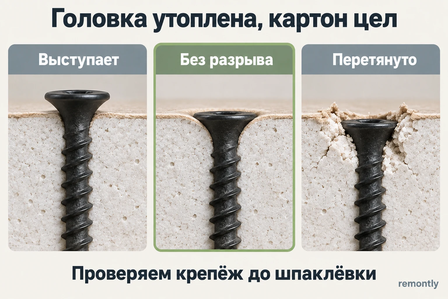 Три положения шурупа в гипсокартоне: выступающая головка, аккуратное углубление с целым картоном и чрезмерная затяжка с разрывом.