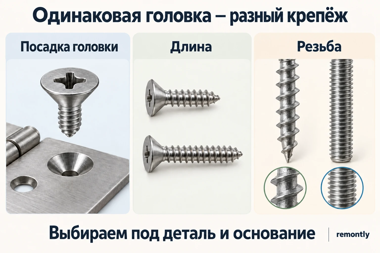 Сравнение трёх параметров крепежа фурнитуры: посадка головки, длина и тип резьбы.