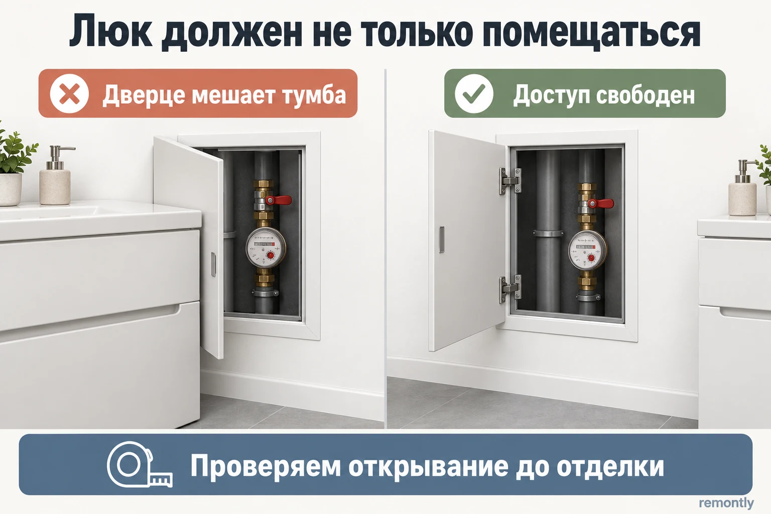 Сравнение ревизионного люка: слева дверца упирается в тумбу, справа для открывания и обслуживания оставлено место.