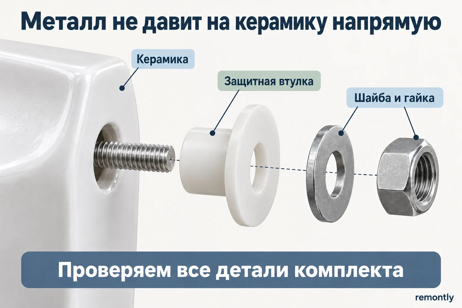 Условная разнесённая сборка крепления керамики: защитная втулка отделяет отверстие и контактную поверхность от металлической шайбы и гайки.