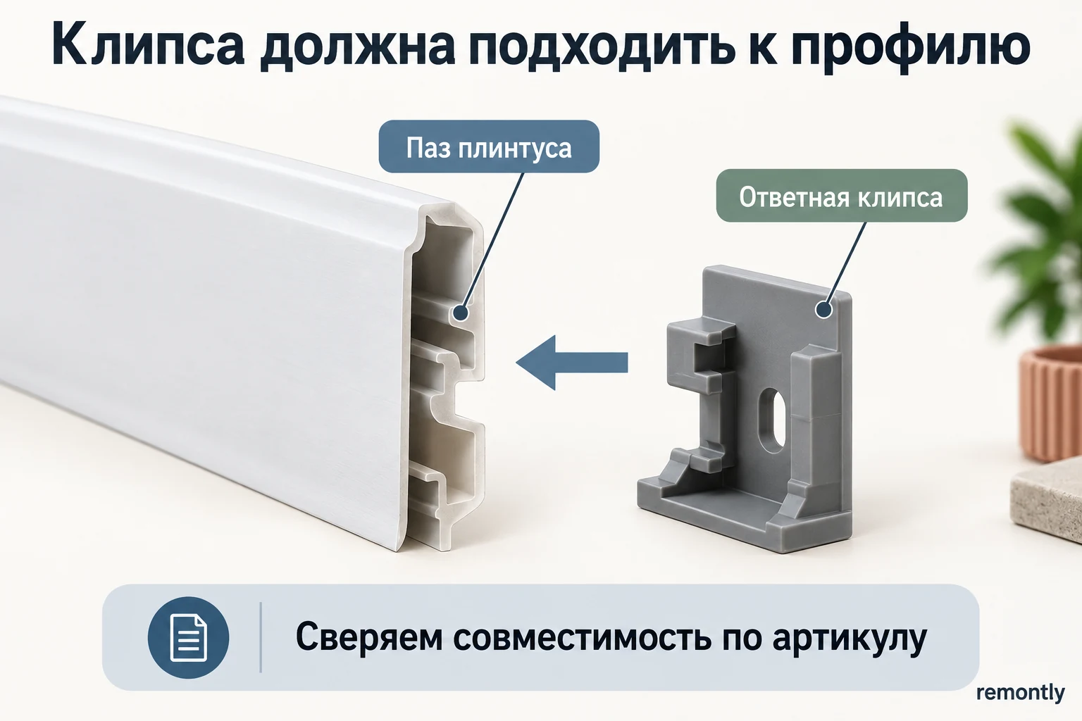 Монтажный паз с обратной стороны плинтуса и соответствующая ответная клипса показаны отдельно для сравнения формы.