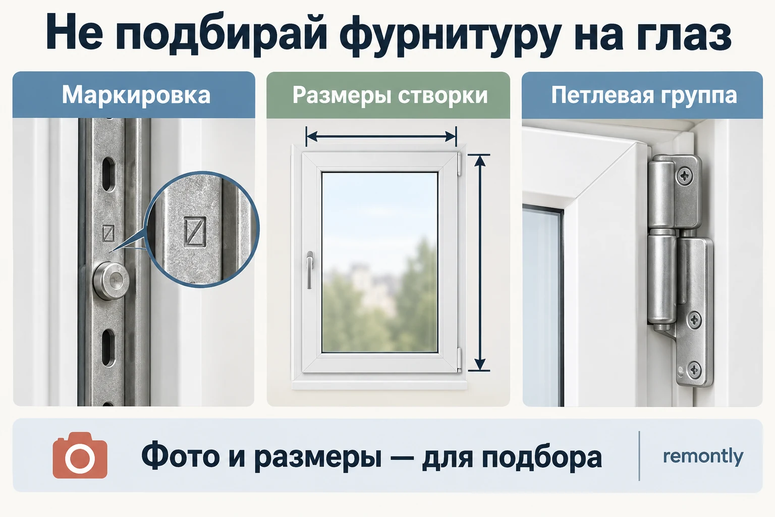 Три вида данных для подбора оконной фурнитуры: маркировка, размеры створки и петлевая группа.