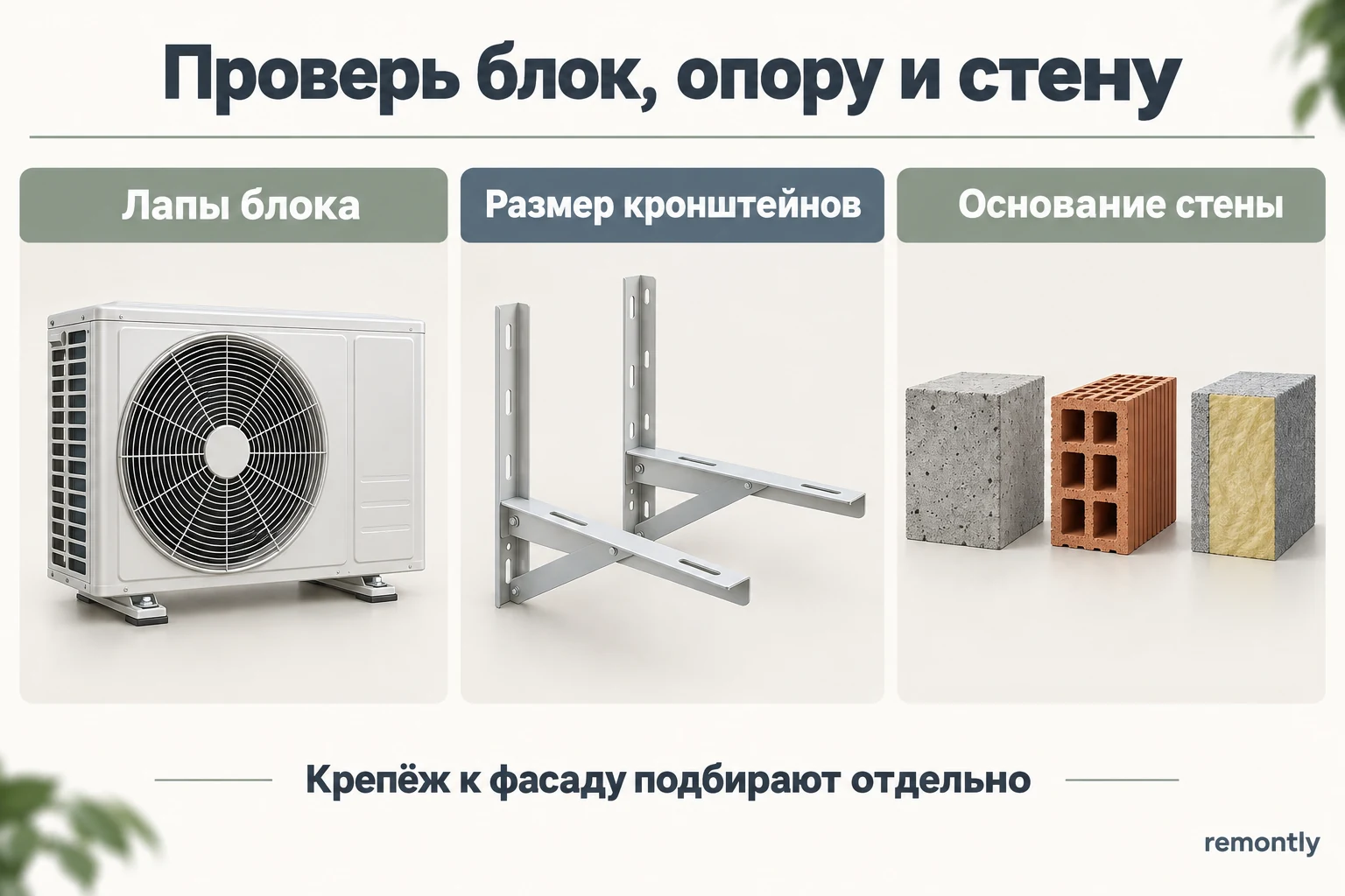 Монтажные лапы наружного блока, пара кронштейнов и разные материалы стены показаны как три отдельные проверки.
