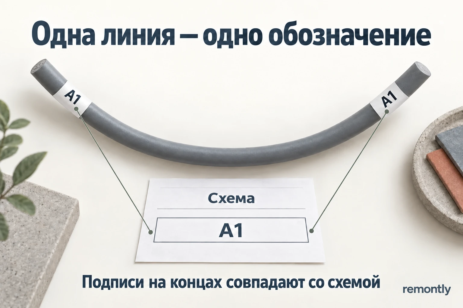 Один кабель с одинаковой маркировкой A1 на обоих концах и соответствующей записью A1 в схеме.