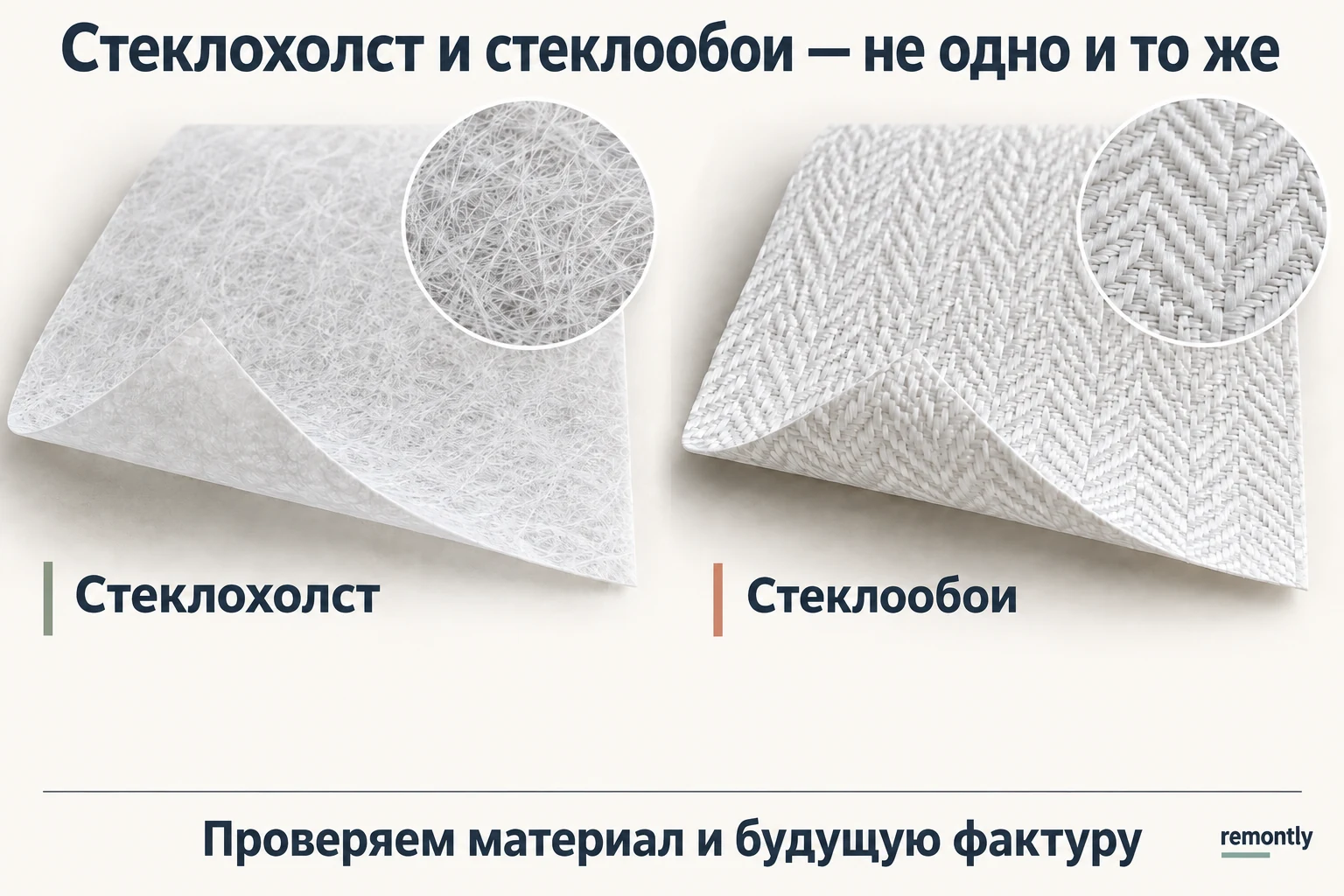 Увеличенные образцы: нетканые волокна стеклохолста и рельефное плетение стеклообоев.