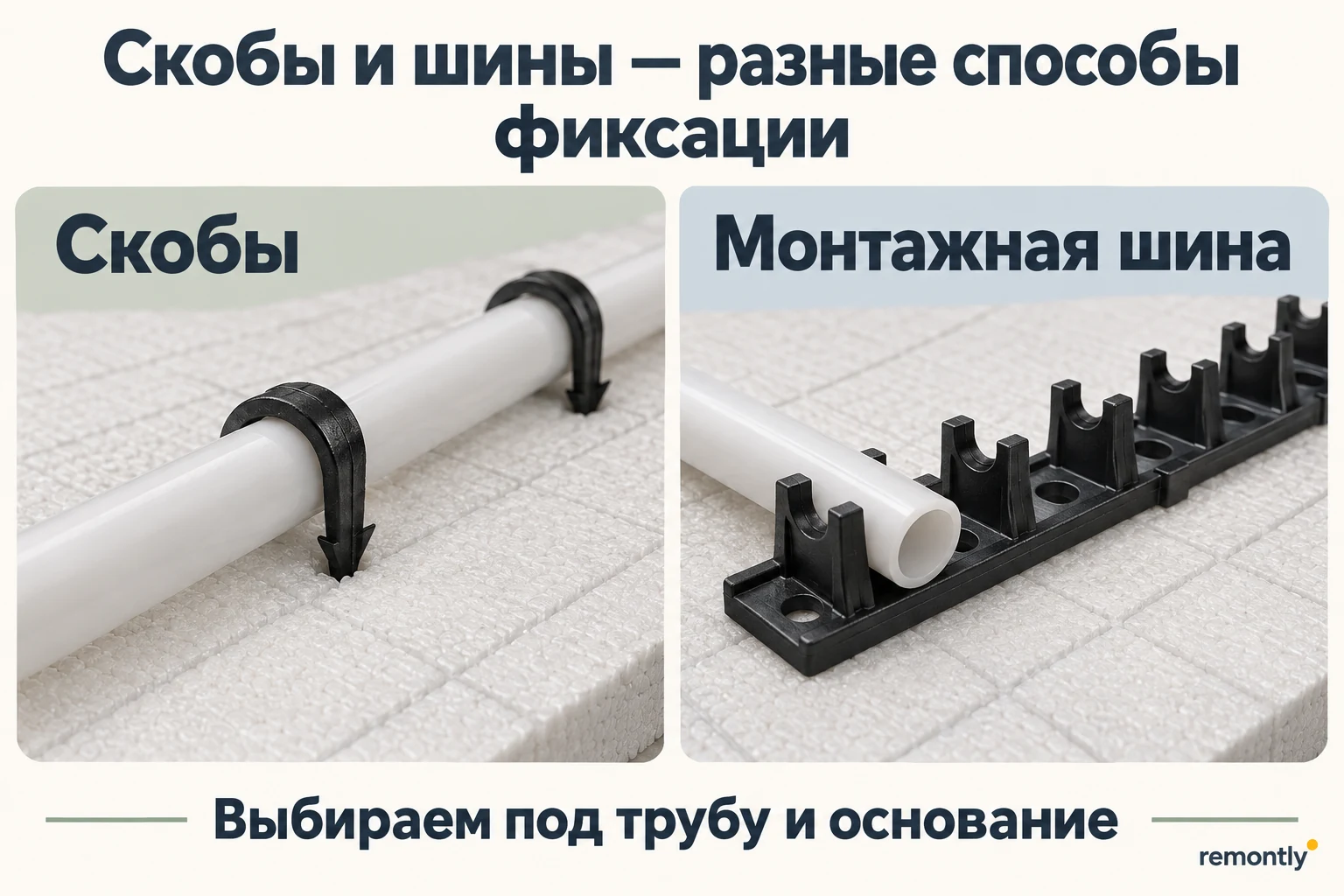 Сравнение крепления трубы скобами и монтажной шиной на совместимом утеплителе.