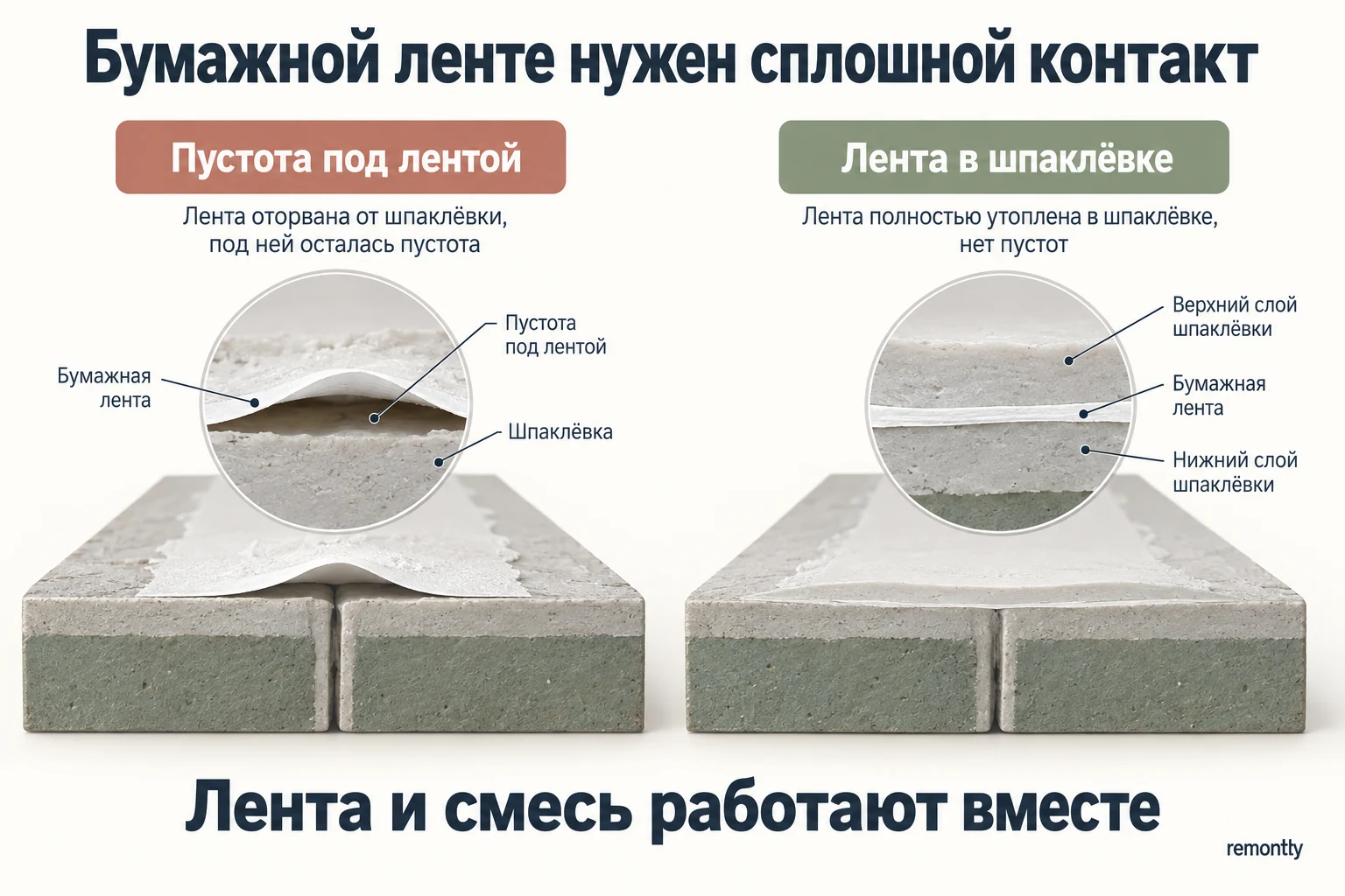 Бумажная лента над пустотой и лента с непрерывным контактом в шпаклёвке показаны на укрупнённых разрезах.