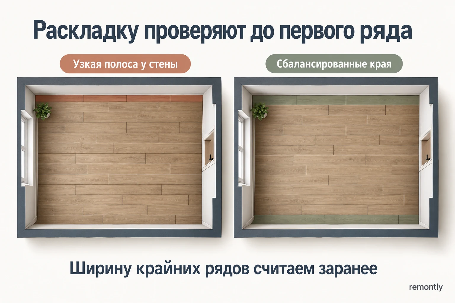 Две условные раскладки ламината: узкий последний ряд и заранее согласованная ширина крайних рядов.