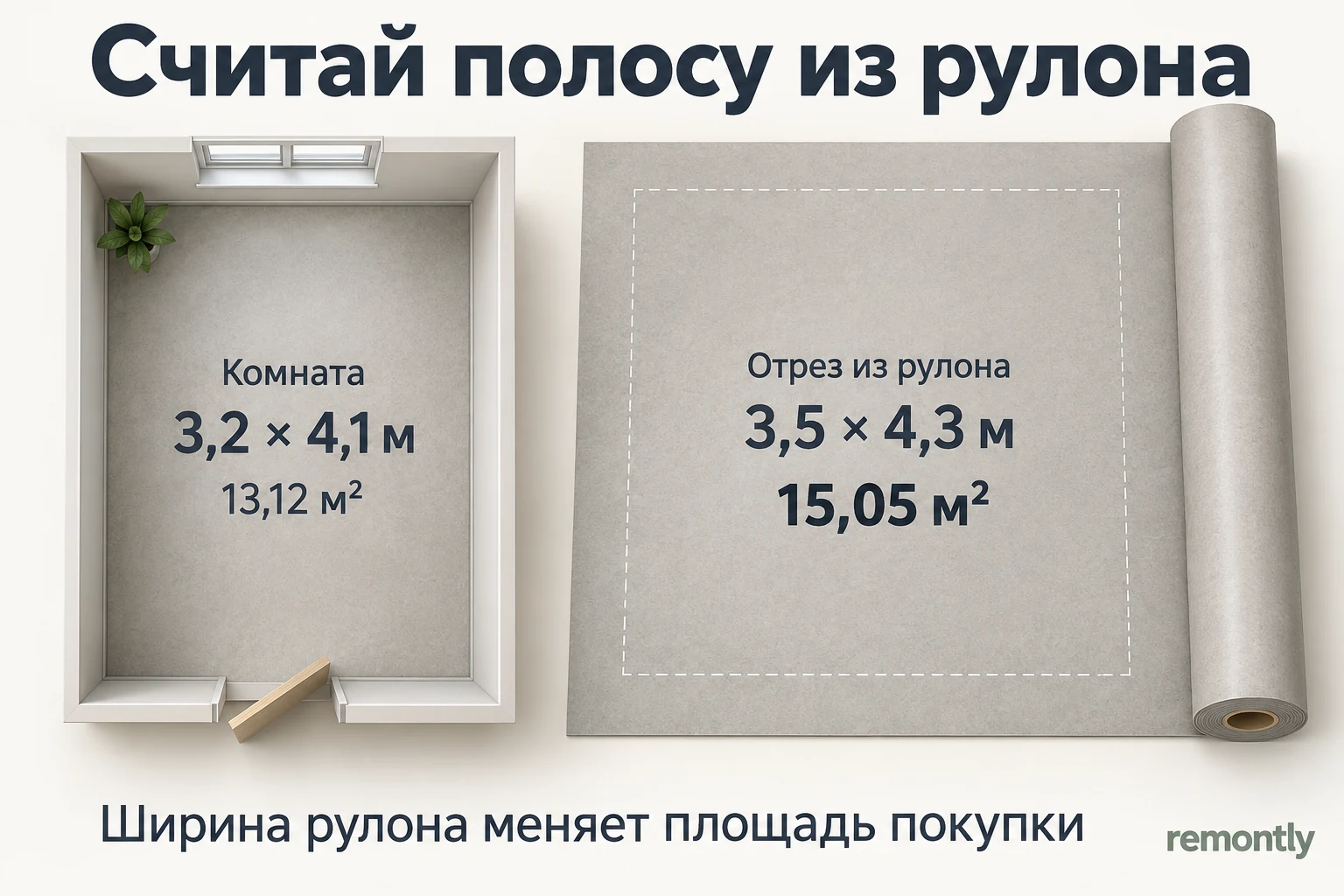 Комната 3,2 на 4,1 метра имеет площадь 13,12 м², а выбранный отрез 3,5 на 4,3 метра — 15,05 м².