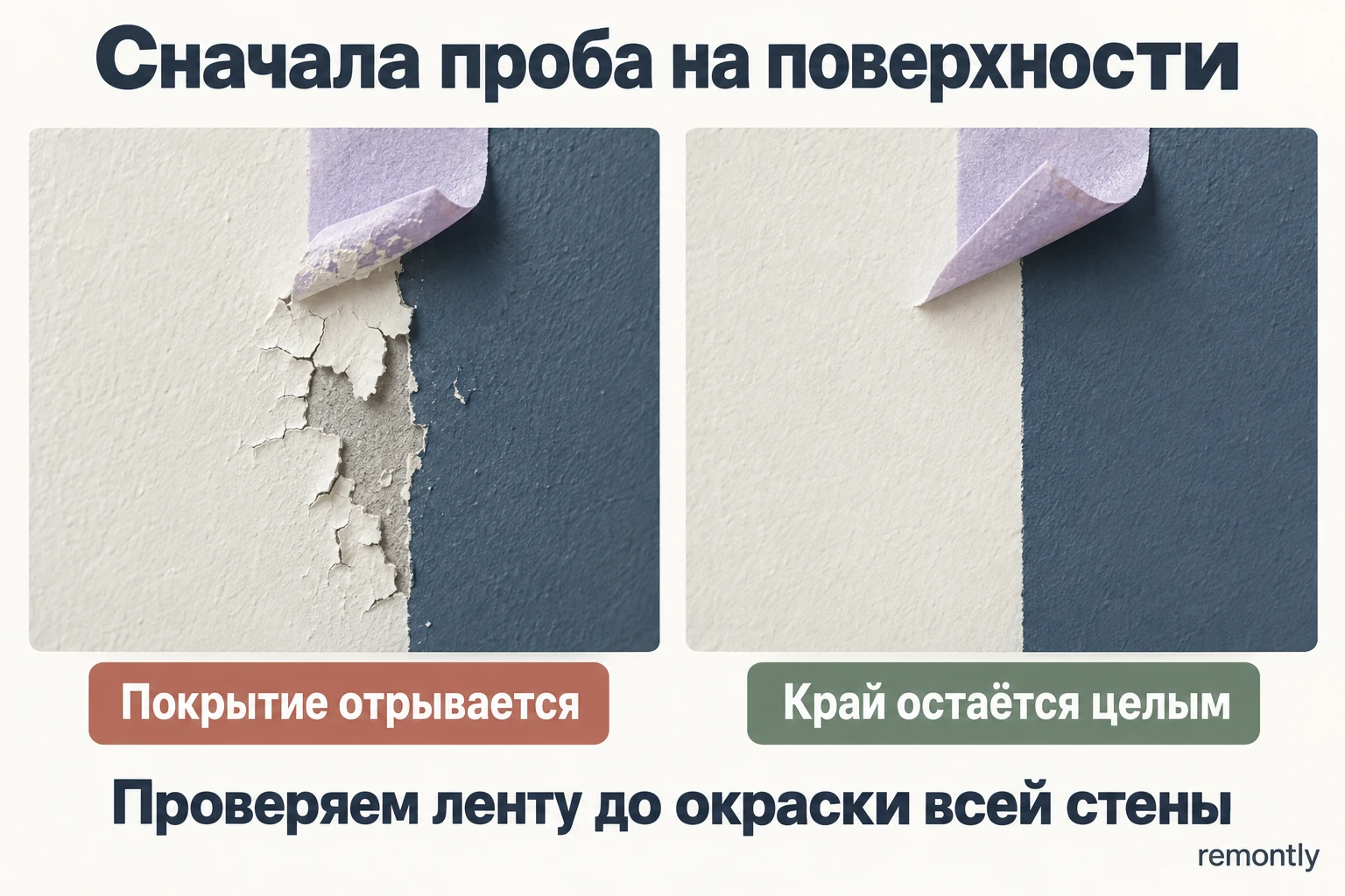 При снятии ленты на одном пробном участке отслаивается покрытие, на другом граница остаётся целой.