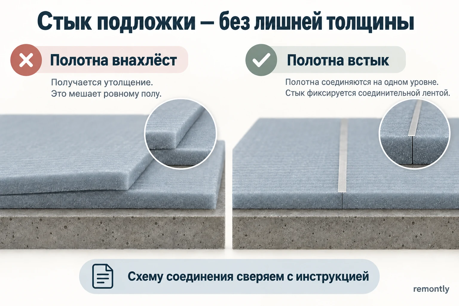 Нахлёст толстых полотен подложки создаёт утолщение; соединение встык с тонкой лентой сохраняет общий уровень.