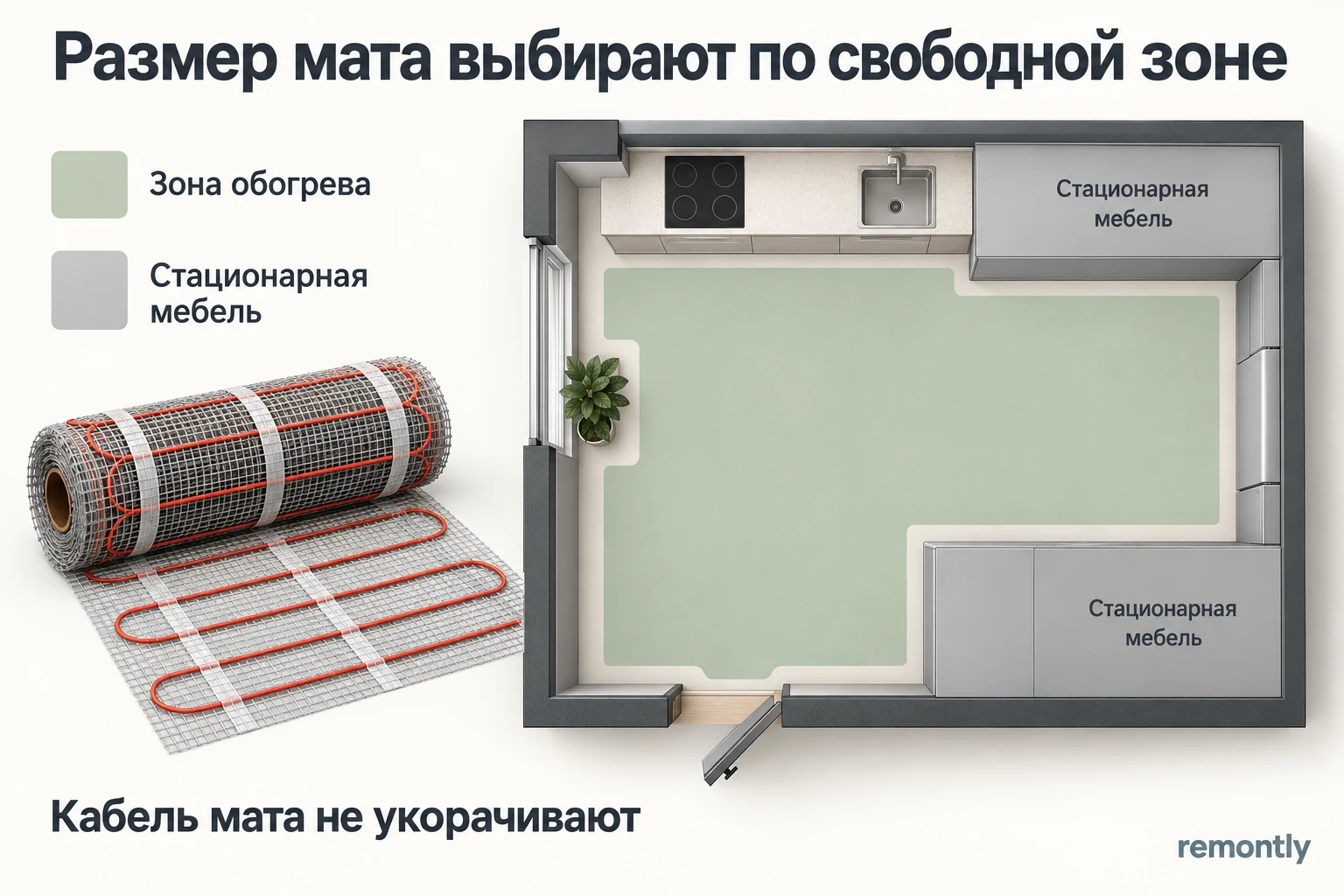 План помещения с выделенной свободной зоной обогрева и исключёнными участками под стационарной мебелью