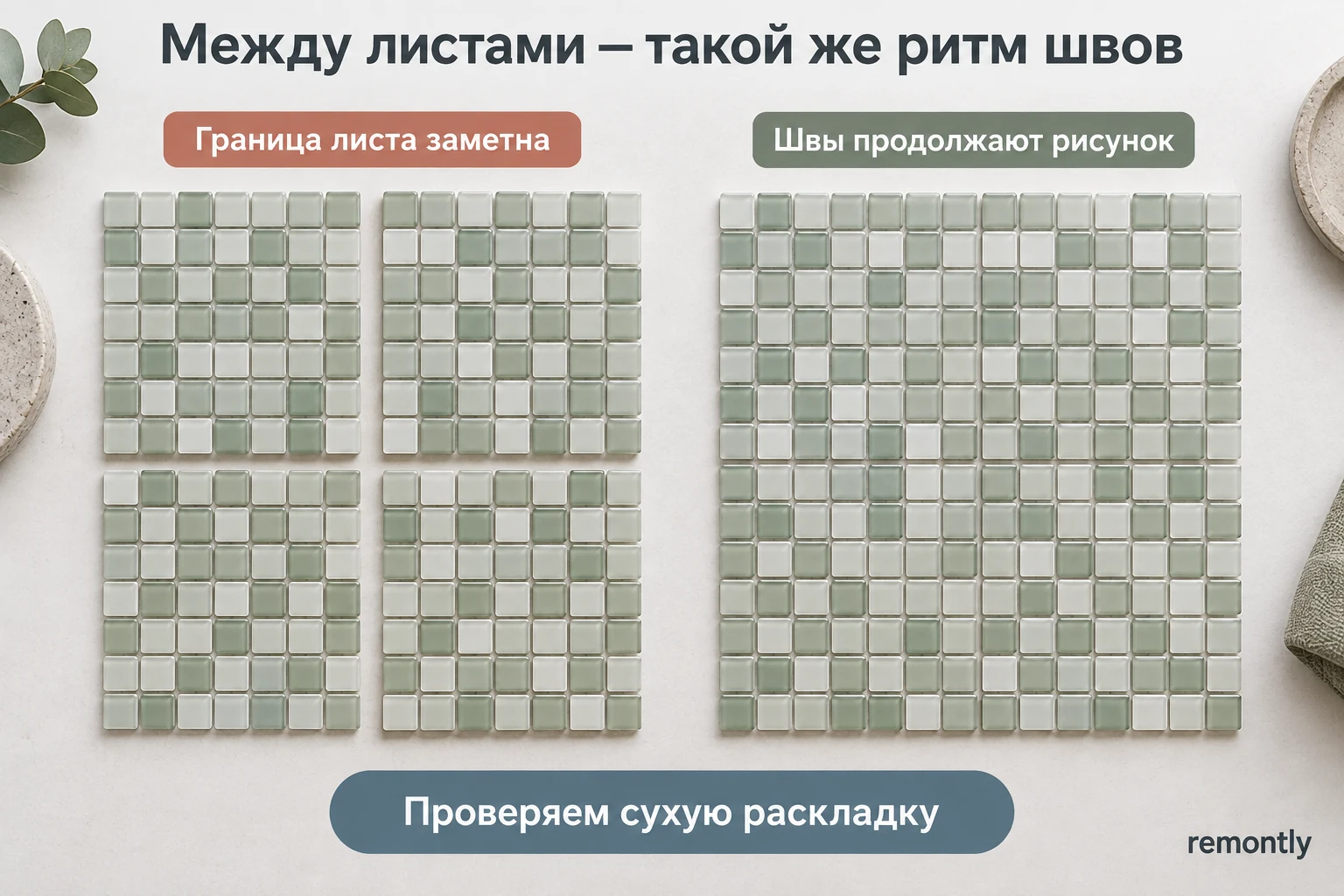 Сухая раскладка мозаичных листов: заметные межлистовые границы и равномерный рисунок швов