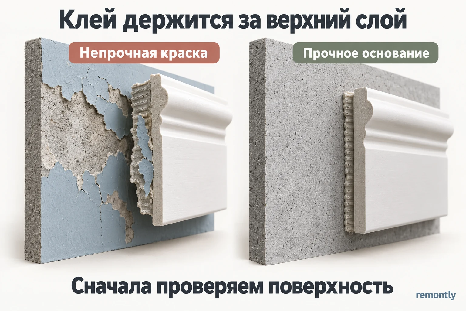 Приклеенная деталь отходит вместе с непрочной краской; рядом показано соединение с прочным основанием