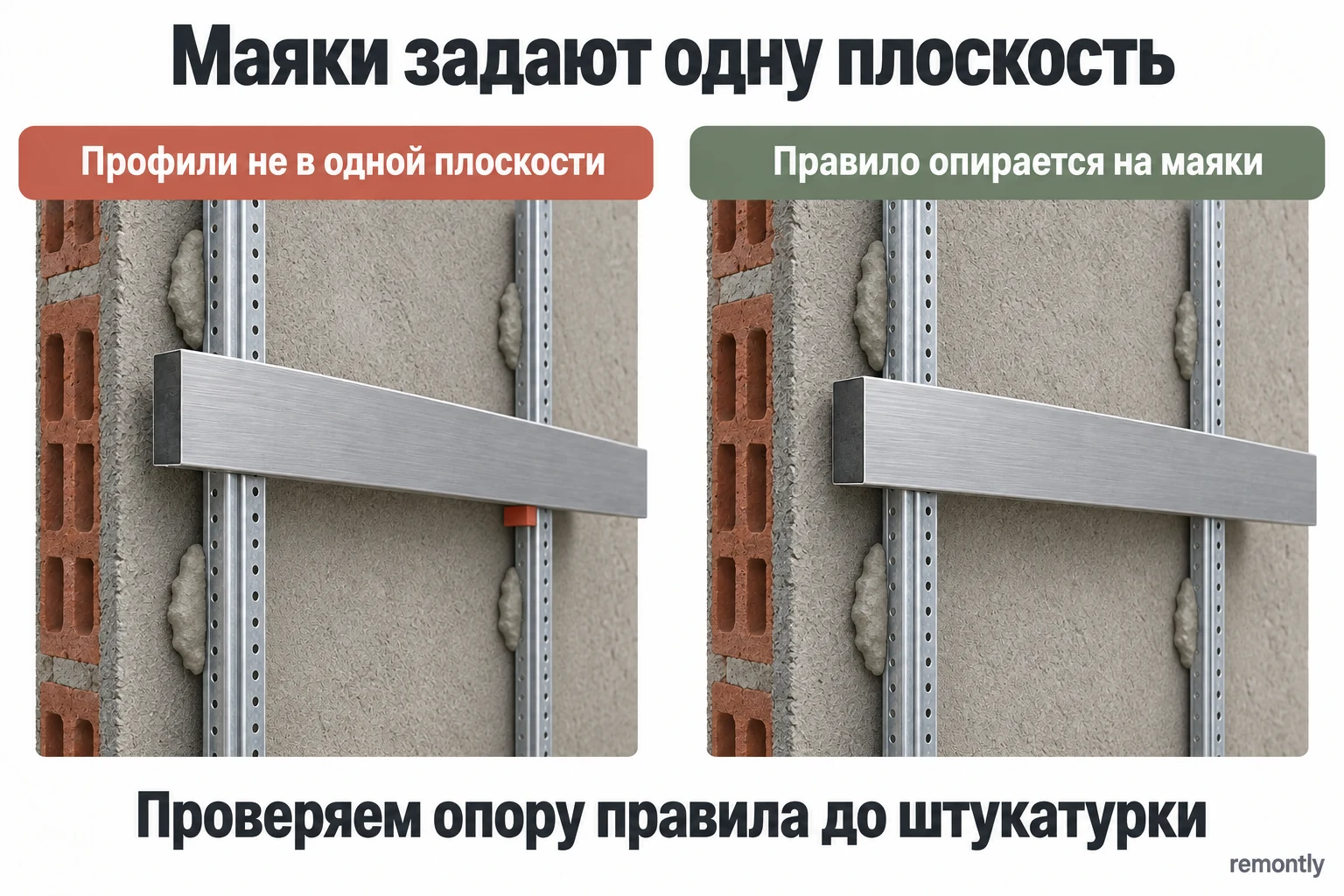 Сравнение опоры правила на штукатурные маяки в общей плоскости и при несовпадении направляющих