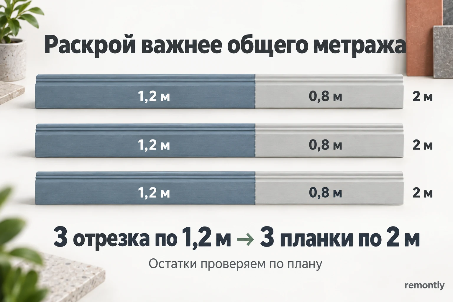 Три планки плинтуса по 2 м: из каждой выделен цельный отрезок 1,2 м и условный остаток 0,8 м