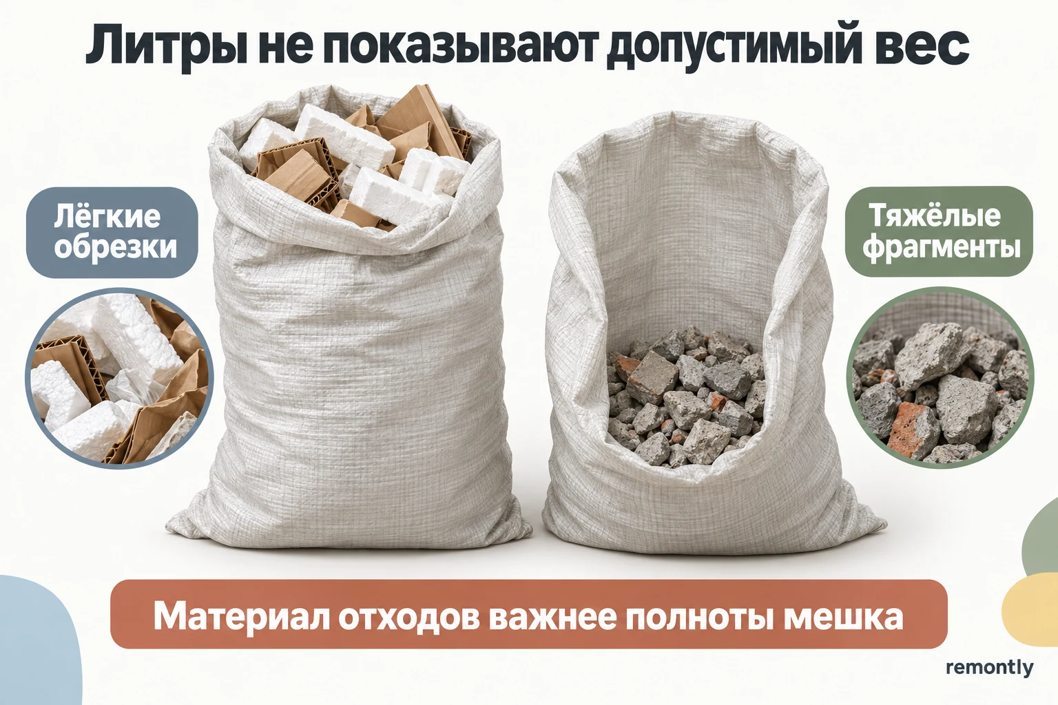 Лёгкие обрезки занимают почти весь объём мешка, а тяжёлые фрагменты показаны в меньшем объёме