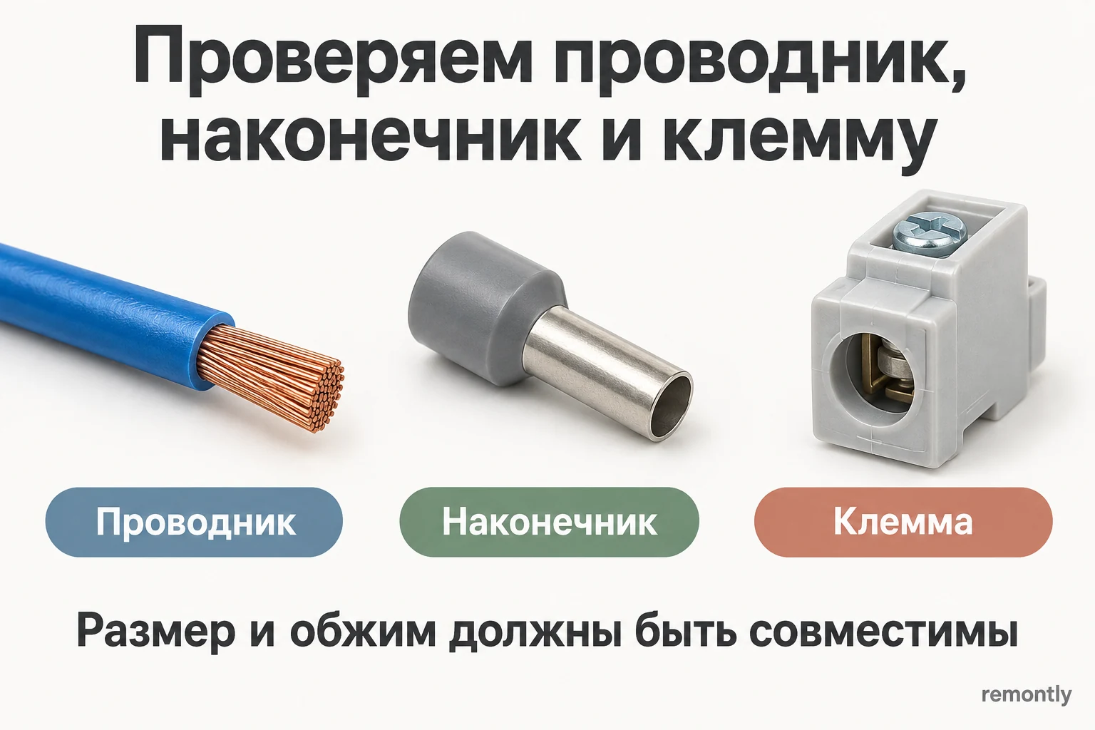 Отдельные многопроволочная жила, необжатый втулочный наконечник и винтовая клемма для сравнения совместимости