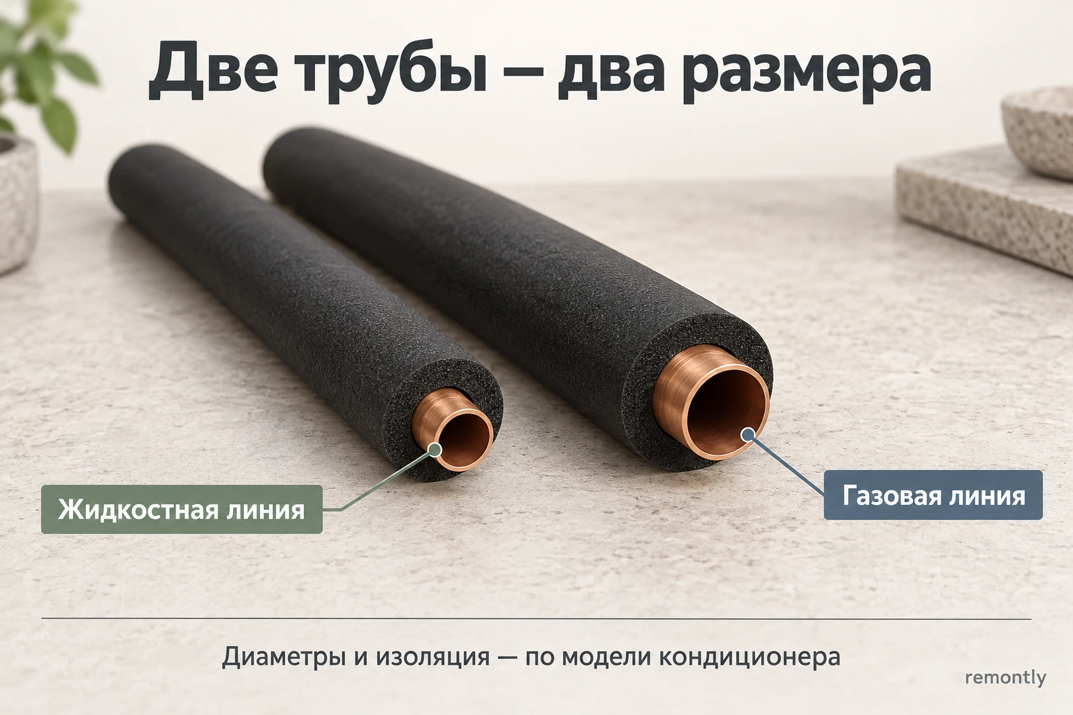 Две медные линии разного диаметра, каждая в отдельной теплоизоляционной оболочке