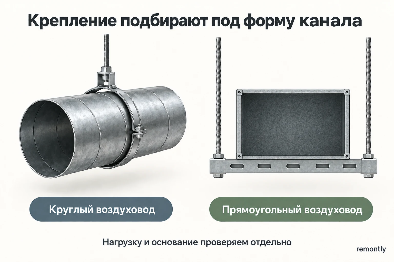 Круглый воздуховод в кольцевой опоре и прямоугольный канал на поперечной траверсе с двумя тягами