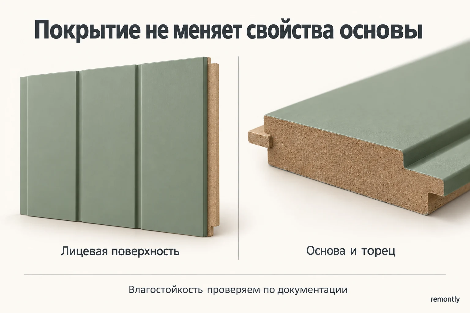 Лицевая поверхность панели МДФ и открытый срез с волокнистой основой