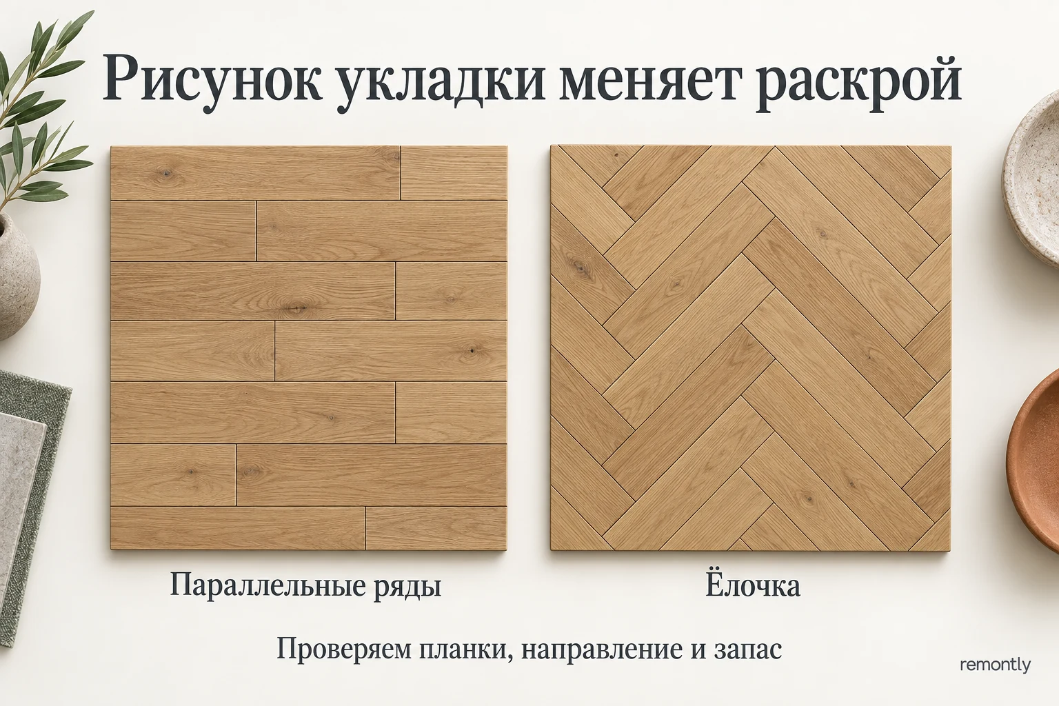 Два деревянных образца: паркет параллельными рядами и ёлочка из прямоугольных планок