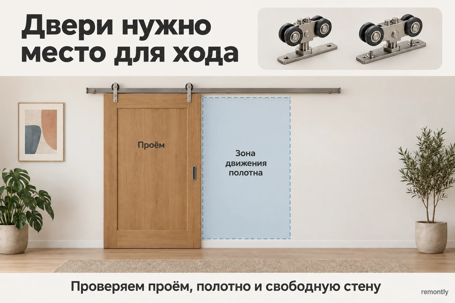 Закрытая раздвижная дверь и свободная зона стены, в которую перемещается её полотно