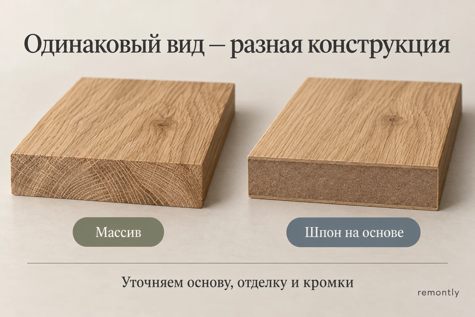 Два образца с похожей дубовой поверхностью: массив и тонкий шпон на плитной основе