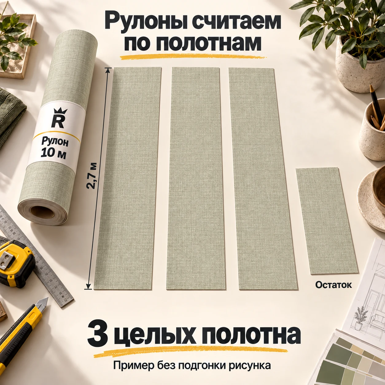 Рулон длиной 10 м, три целых полотна по 2,7 м и короткий остаток. Вертикальная стрелка обозначает длину полотна.
