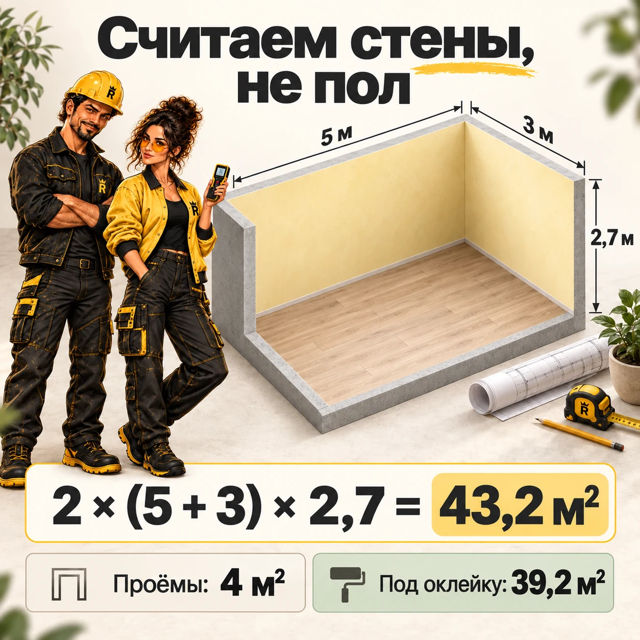 Схема комнаты 5 на 3 метра высотой 2,7 метра: 43,2 м² стен и 39,2 м² под оклейку после вычета условных проёмов. Рядом маскоты Remontly с дальномером.