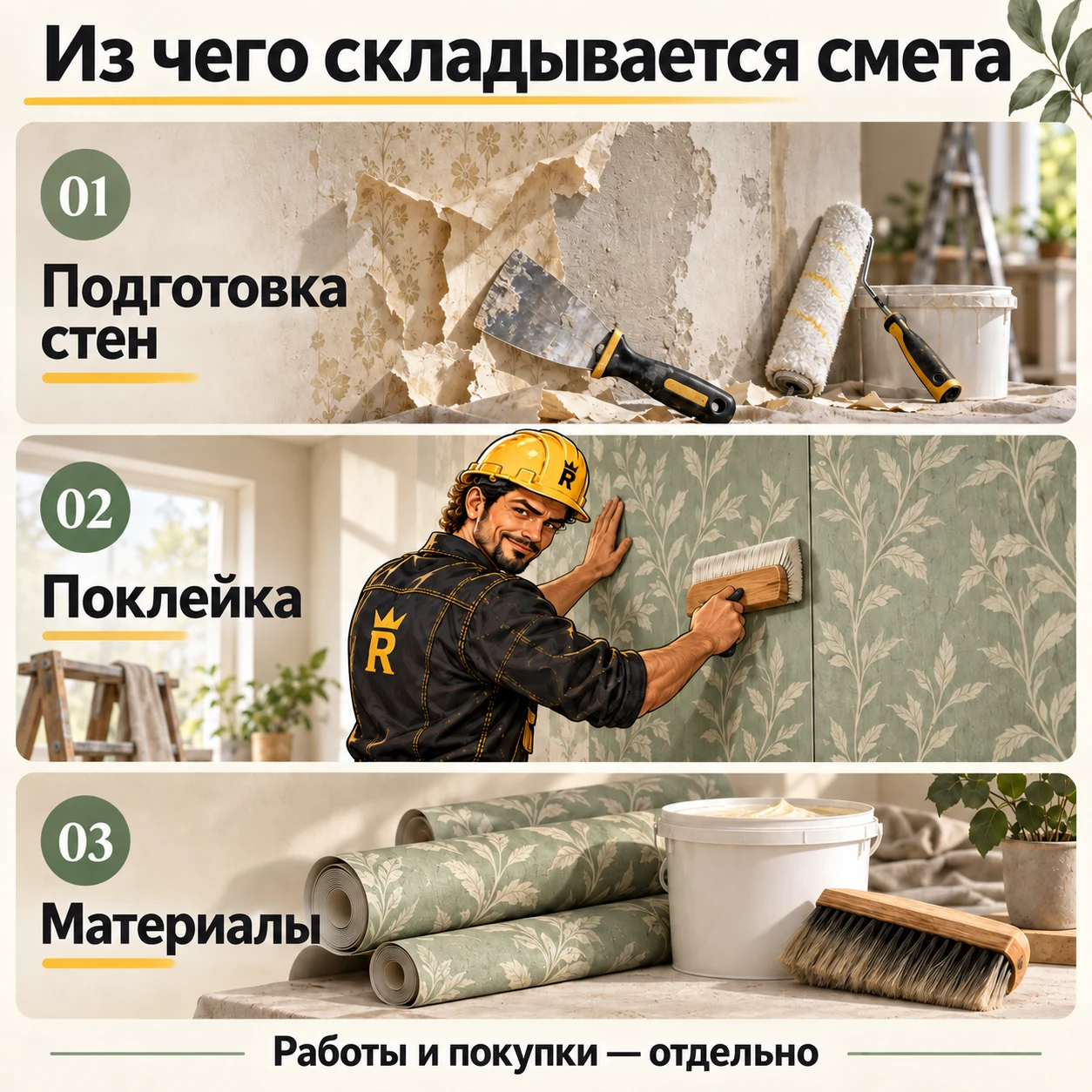 Три части сметы: подготовка стены, поклейка с нарисованным мастером Remontly в реалистичном интерьере и покупка обоев с клеем.